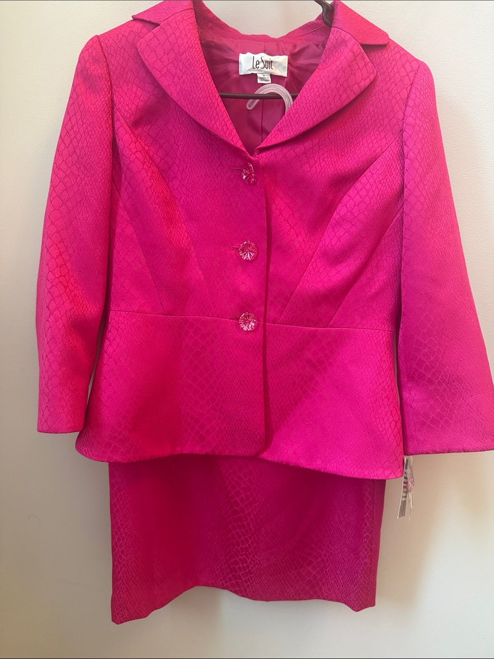 Le Suit Vibrant Pink Structured Blazer/Skirt Suit